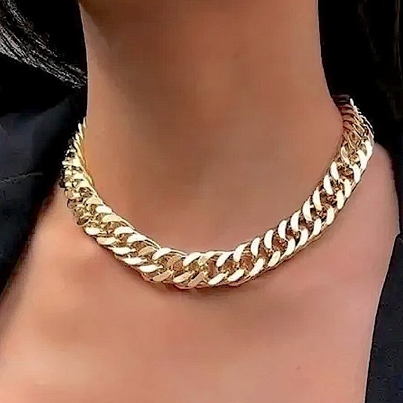 Gold Chain Link Exaggerated Cuban Choker Matching Bracelet Set - Picture 2 of 15